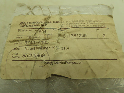 Teikoku 37497A105 Chempump Thrust Washer 193F 316L 1-3/16"Bore 3-3/4"OD .318"W
