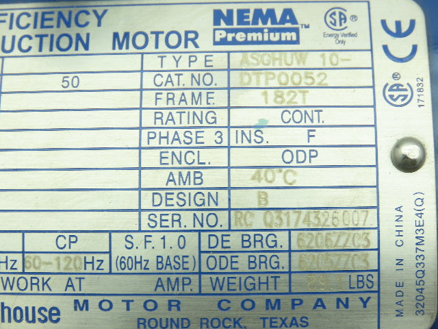 Teco Westinghouse ASGHUW Electric Induction Motor 5HP 3465RPM 230/460V 3PH 182T