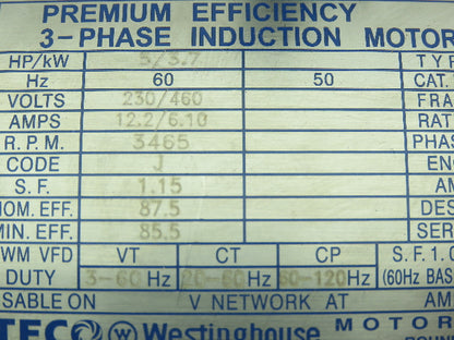 Teco Westinghouse ASGHUW Electric Induction Motor 5HP 3465RPM 230/460V 3PH 182T