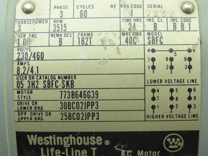 Westinghouse 053H2 SBFC-SKB Elec Life-Line T AC Motor 3HP 3515RPM 460V 3PH 182T