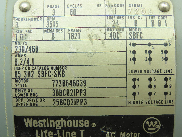 Westinghouse 053H2 SBFC-SKB Elec Life-Line T AC Motor 3HP 3515RPM 460V 3PH 182T