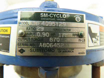 Sumitomo CNF4095Y29 Inline Speed Reducer Gearbox 29:1 Ratio 0.9Hp 1-1/8" Output