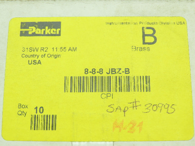 Parker 8-8-8 JBZ-B Compression CPI Union Tee Connector 1/2" Brass LOT OF 10