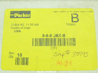 Parker 8-8-8 JBZ-B Compression CPI Union Tee Connector 1/2" Brass LOT OF 10