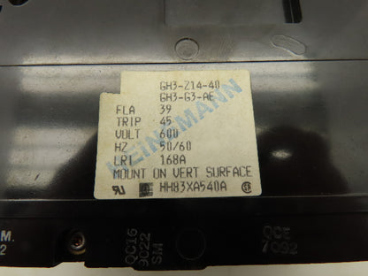 Heinemann GH3-G3-AE Circuit Breaker 600VAC 3 Pole 39A FLA 45A Trip GH3-Z14-40