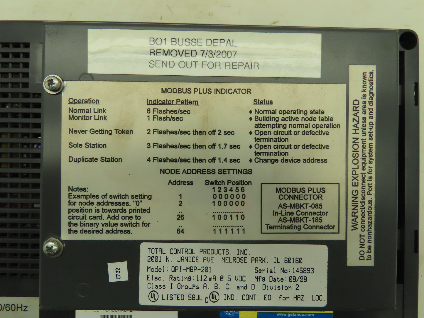 Ge QPI-MBP-201 Fanuc Quickpanel Total Control 9" HMI 120VAC PLC