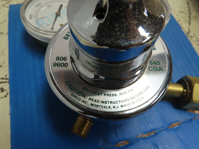Airco 806-9600 Oxygen Regulator Single Stage 3000 PSIG Inlet Dual Gauge