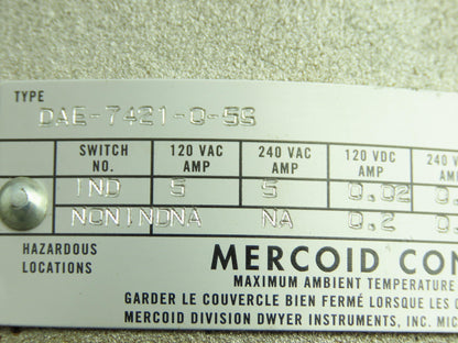 Mercoid DAE-7421-0-5S Bourdon Tube Pressure Switch 2-60PSI 240VAC Haz Location