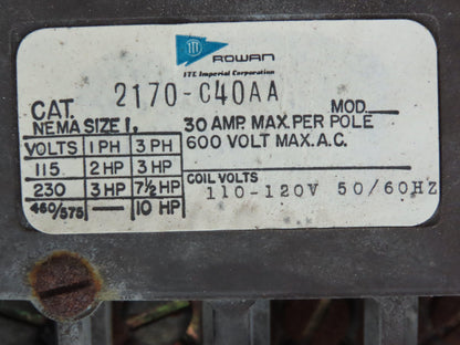GE ITE Feeder Bucket Fuseable NEMA Sz 1 Motor Starter Control Contactor 10HP 30A