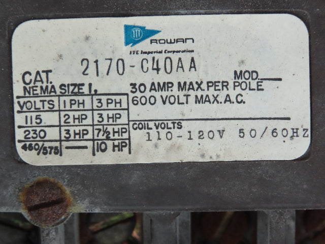 GE ITE Feeder Bucket Fuseable NEMA Sz 1 Motor Starter Control Contactor 10HP 30A