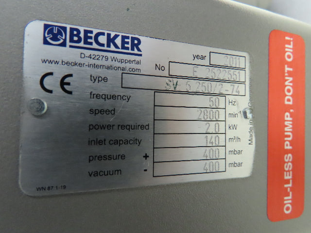 Becker SV-5.250/2-74 Regenerative Vacuum Pump Blower 2" 2kW 2800 RPM - No Motor