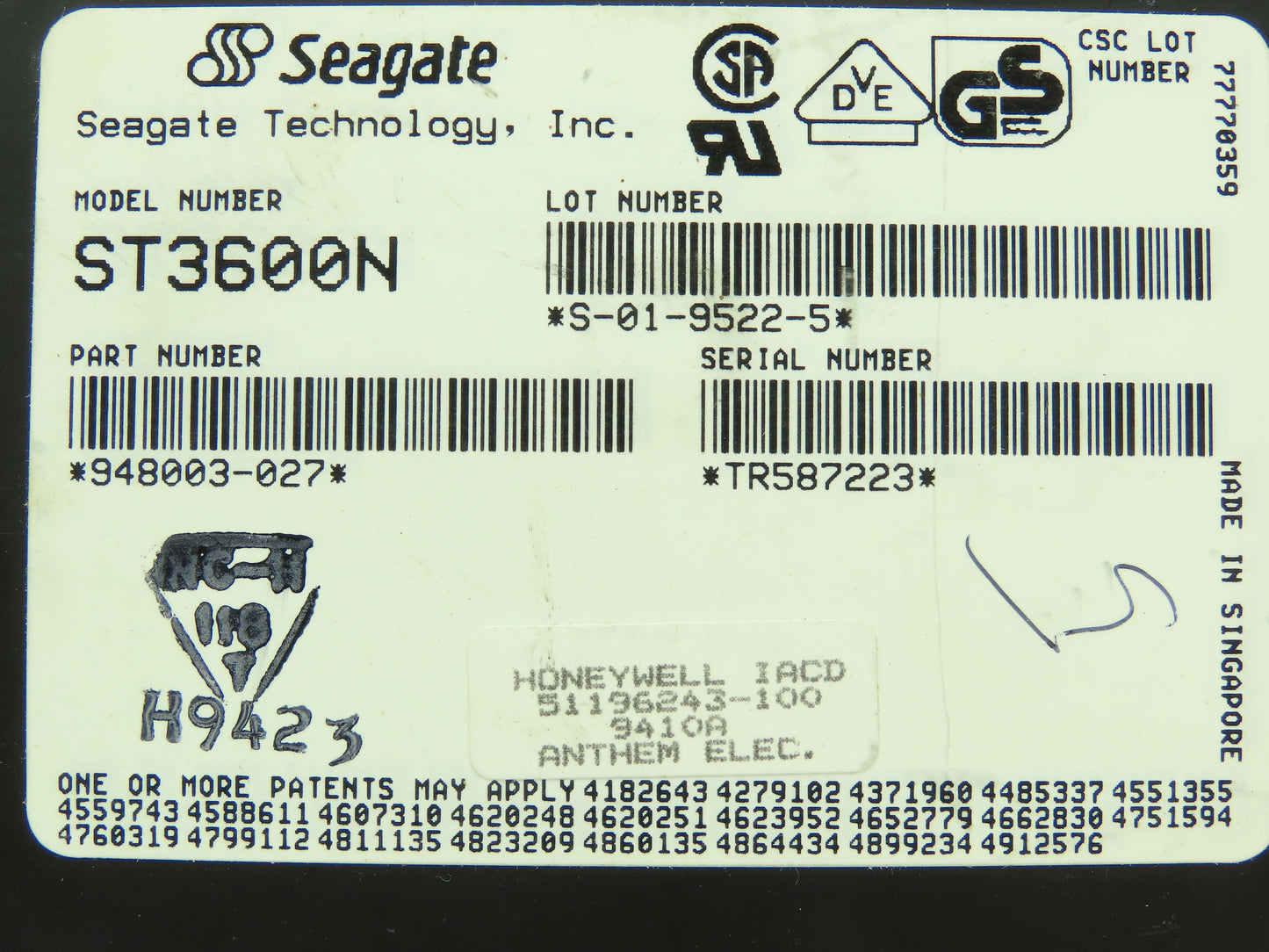 Honeywell ST3600N Seagate Redundant Drive Controller Board SCSI Hard Drive Servo