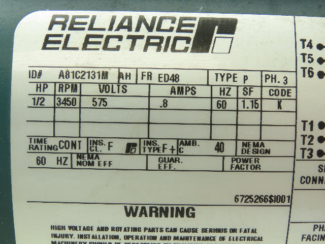 Reliance A81C2131M Electric Motor 1/2HP 3450RPM 575V 3PH 1/2"Shaft ED48 Frame