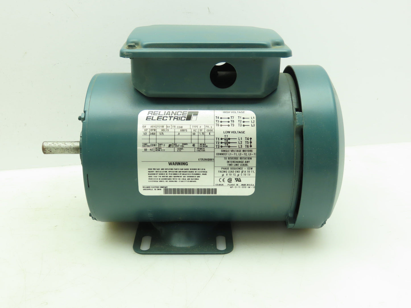 Reliance A81C2131M Electric Motor 1/2HP 3450RPM 575V 3PH 1/2"Shaft ED48 Frame