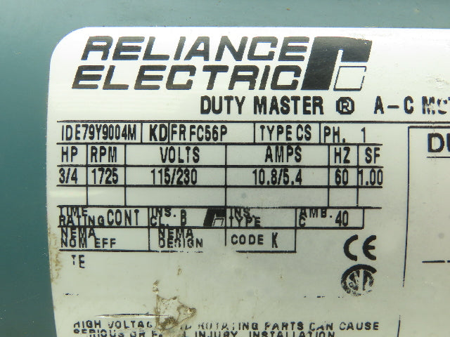 Reliance E79Y9004M Duty Master AC Motor 3/4HP 1725RPM 115/230V 1PH FC56P