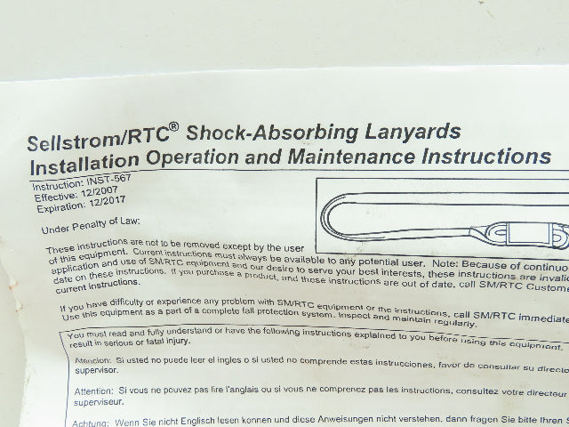 Sellstrom RTC 4' Poly Shock Absorbing Lanyard Snap Hook W/ Gate SP Shock Pack
