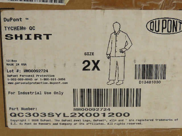 Dupont QC303SYL2X001200 Tychem QC Shirt Size 2X Front Snap Long Sleeve LOT OF 12
