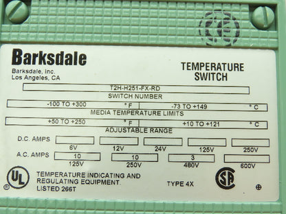 Barksdale T2H-H251-FX-RD Temperature Switch 50-250 F 10A 240V NEMA 4X