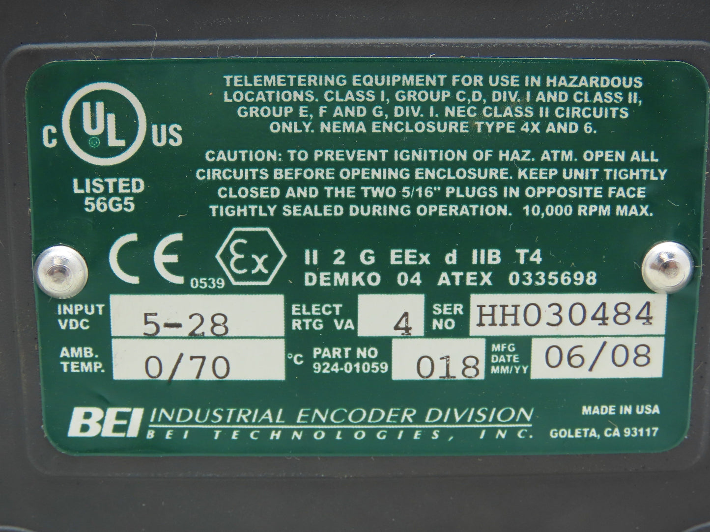 BEI Industrial 924-01059-018 H38D-1200-AC-28V/V-SC-CEN Optical Encoder