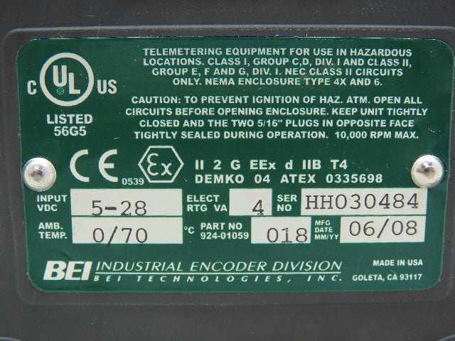 BEI Industrial 924-01059-018 H38D-1200-AC-28V/V-SC-CEN Optical Encoder