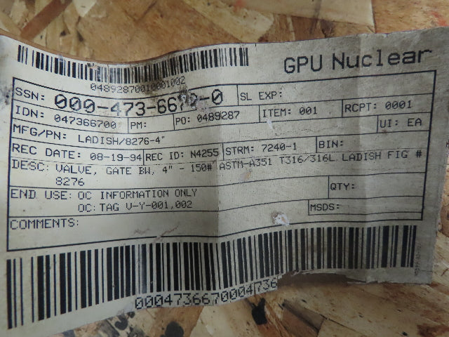 Ladish 8276-2114-40D Manual Wedge Gate Valve 4" Buttweld 150# CF8M SS 275 PSI