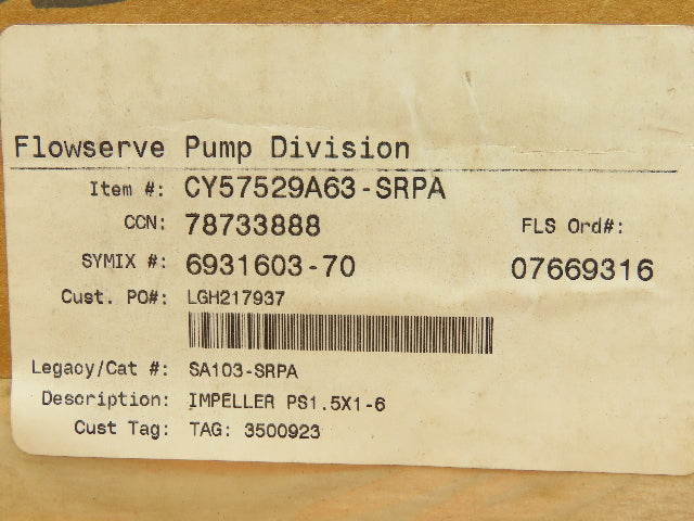 Flowserve CY57529A63-SRPA Pump Impeller PS1.5X1-6CL Poly Sealed