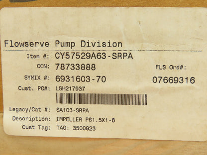 Flowserve CY57529A63-SRPA Pump Impeller PS1.5X1-6CL Poly Sealed