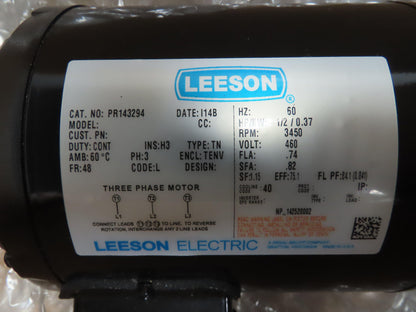 Leeson PR143294 Electric Motor 1/2HP 3450RPM 460V 3PH 48 Frame 1/2"Shaft