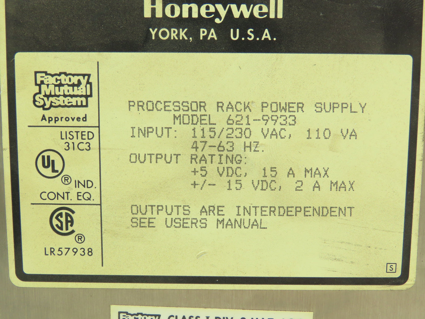 Honeywell 621-9933 I/O Rack Power Supply Module PLC PS 15A 5VDC 115/230 V
