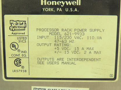 Honeywell 621-9933 I/O Rack Power Supply Module PLC PS 15A 5VDC 115/230 V