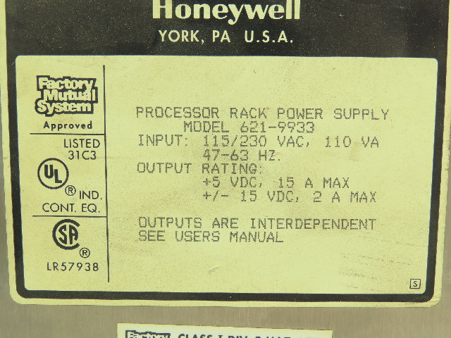 Honeywell 621-9933 I/O Rack Power Supply Module PLC PS 15A 5VDC 115/230 V
