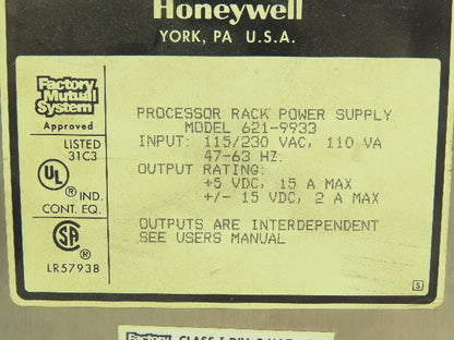 Honeywell 621-9933 I/O Rack Power Supply Module PLC PS 15A 5VDC 115/230 V