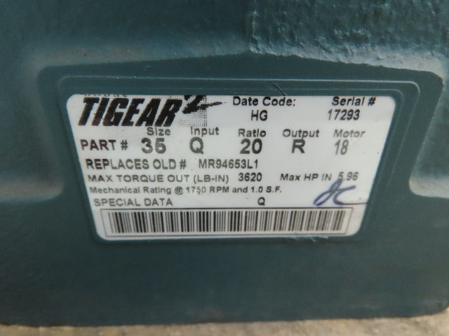 Dodge Tigear Gear Reducer 20:1 Ratio 1 1/8"In 1.5"Out 1750 RPM 87.5 Out 35Q20R18