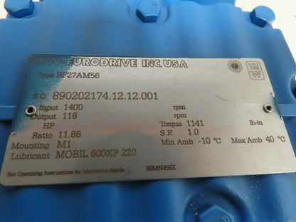 Sew-Eurodrive RF27AM56 In-Line Gear Reducer 11.86:1 Ratio w/Elec Motor 3/4HP 3PH