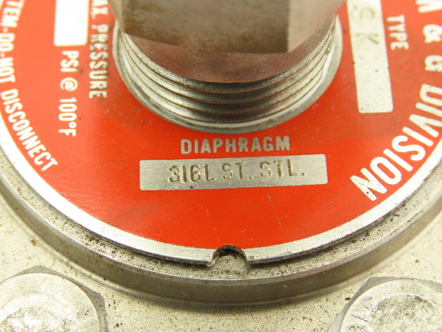 Ametek/M&G Div Type SK 316L SS Diaphragm w/USG Solfrunt 3500PSI Gauge Stock Bore