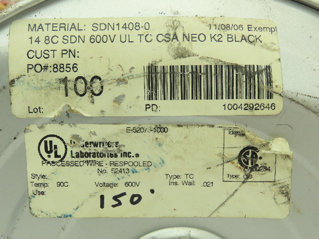 Flexible Tray Cable Wire 14 Awg 8C TC-ER 600V E2 Black SDN Control 150'