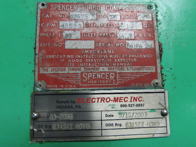 Spencer Turbo Compressor 07575 13500 CFM 75 Hp Blower