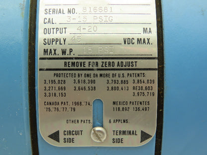 Rosemount 1135 F1B1B1E5 P/I Converter Cal 3-15 Psig Output 4-20 Ma Wp 15Psi