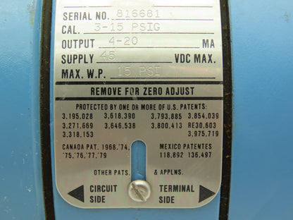 Rosemount 1135 F1B1B1E5 P/I Converter Cal 3-15 Psig Output 4-20 Ma Wp 15Psi