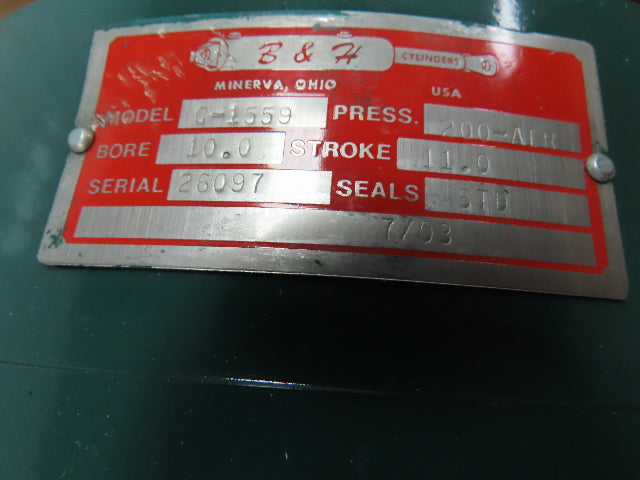 B&H Cylinders C-1559 Pneumatic Air Cylinder 10" Bore 11" Stroke 200 Psi.