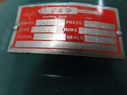 B&H Cylinders C-1559 Pneumatic Air Cylinder 10" Bore 11" Stroke 200 Psi.