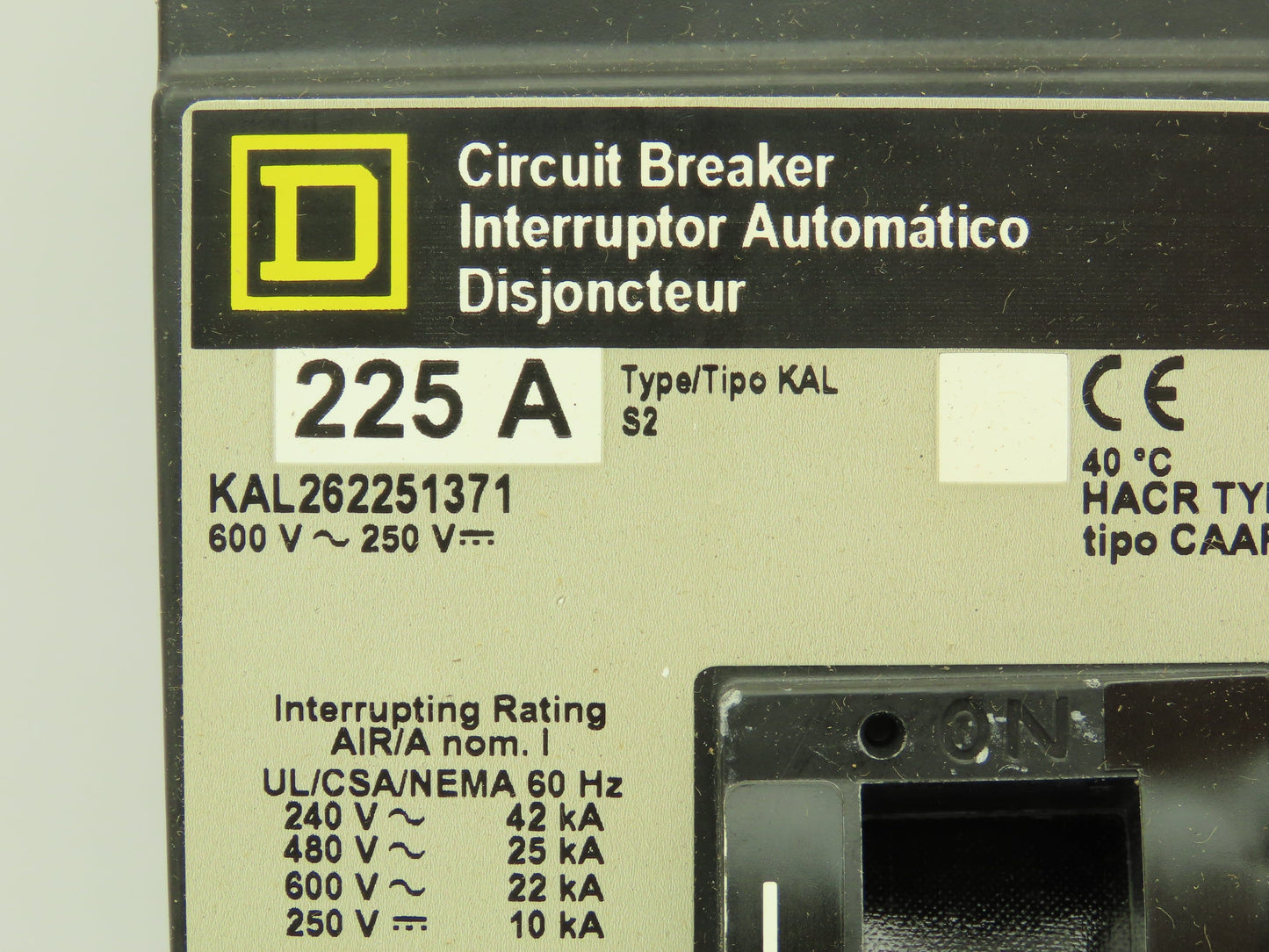 Square D AL250KA Circuit Breaker Grey Face 225A 2P 600V Adjustable KAL262251371