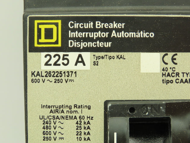 Square D AL250KA Circuit Breaker Grey Face 225A 2P 600V Adjustable KAL262251371