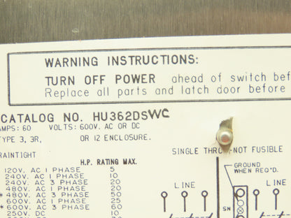 Square D HU362DSWC Safety Disconnect Switch 60 Amp 600V 3 Pole Crouse Hinds E1