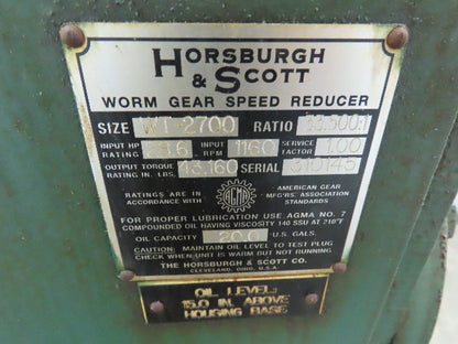 Horsburgh & Scott WT-2700 Worm Gear Speed Reducer 33.5:1 Ratio 28.6 Hp Input