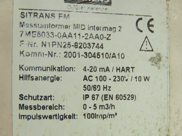 Siemens 7ME5033-0AA11-2AA0-Z SITRANS F M Intermag 2 Flowmeter Transmitter 4-20mA