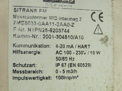 Siemens 7ME5033-0AA11-2AA0-Z SITRANS F M Intermag 2 Flowmeter Transmitter 4-20mA