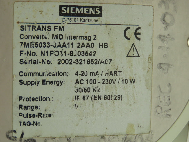 Siemens 7ME5033-0AA11-2AA0 SITRANS F M Intermag 2 Flowmeter Transmitter 4-20mA