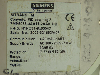 Siemens 7ME5033-0AA11-2AA0 SITRANS F M Intermag 2 Flowmeter Transmitter 4-20mA