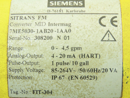 Siemens 7ME50301AB201AA0 SITRANS FM MID Intermag Flowmeter Transmitter 0-4.5 GPM